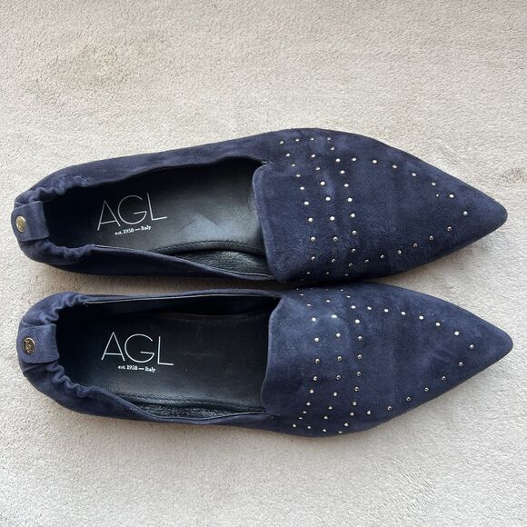 AGL Attilio Giusti Leombruni Navy Blue Suede Moc Loafers Women EU 41 US 10 Stud - Picture 6 of 13